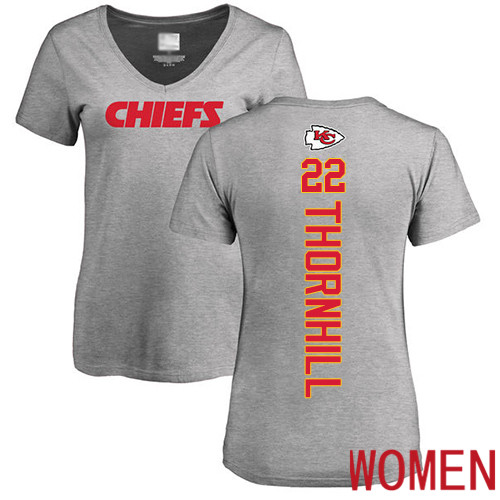 Women Football Kansas City Chiefs #22 Thornhill Juan Ash Backer V-Neck T-Shirt->nfl t-shirts->Sports Accessory